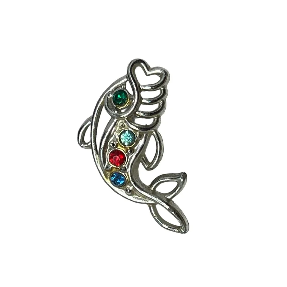 Vintage Fish Brooch Silver Tone with Multi Color‎ Rhinestone Accent